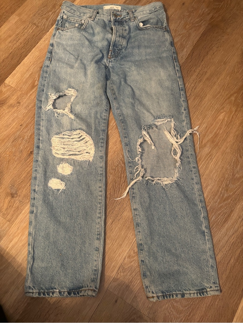 Mango Light Blue Distressed Straight-Leg Jeans